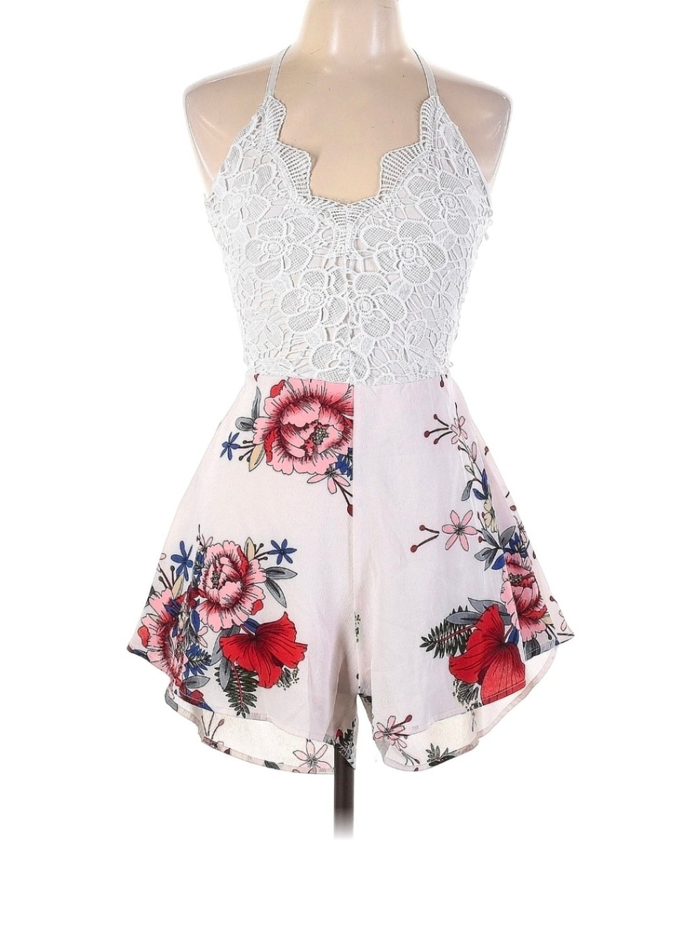 SHEIN White Crochet Halter Romper with Pink & Red Floral Print